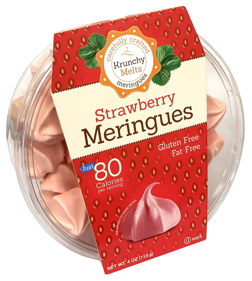 Krunchy Melts front packaging showing clear bag and strawberry cookies, showcases freshness
