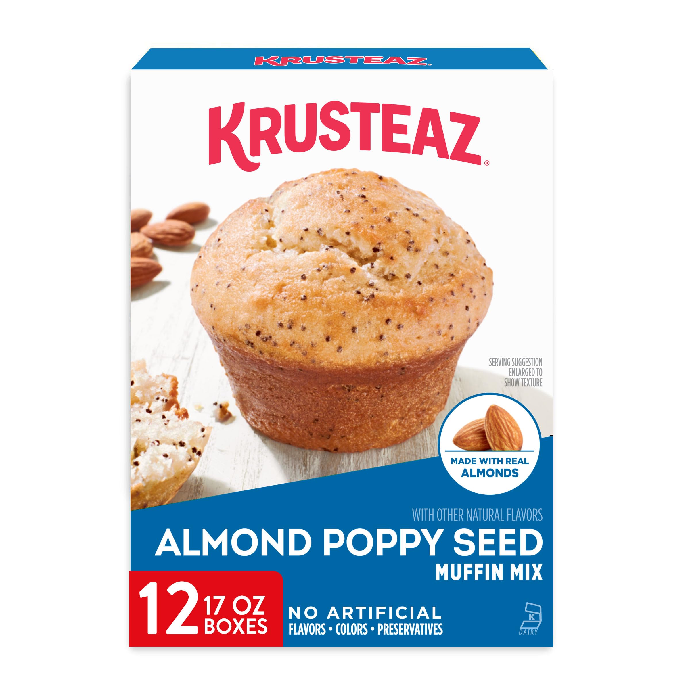 Krusteaz front packaging showing almond poppy seed mix for quick baking benefits