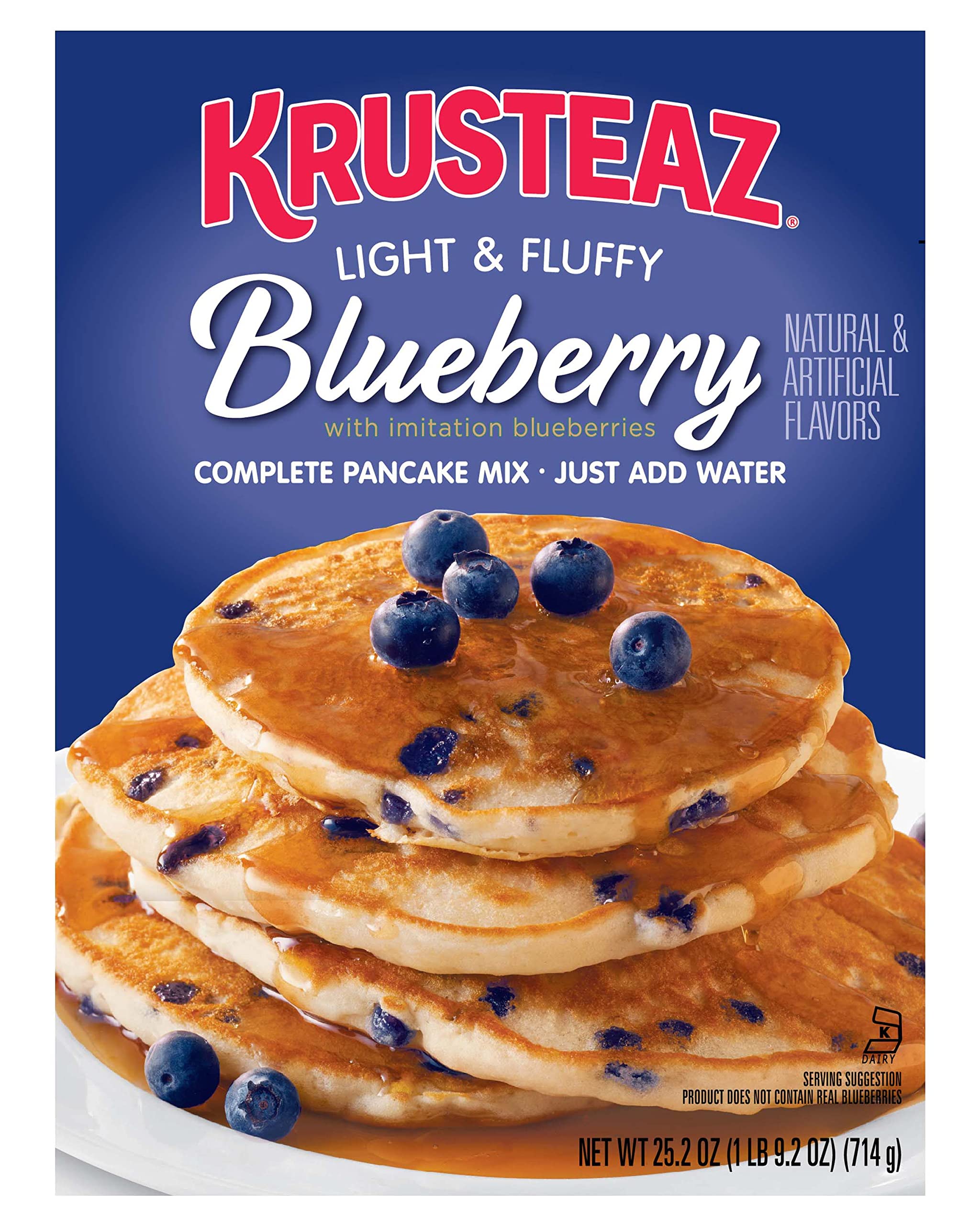 Krusteaz front packaging showing blueberry pancake mix for quick breakfasts
