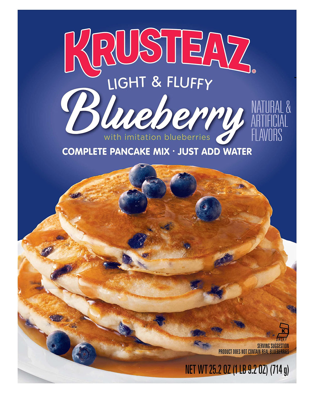 Krusteaz front packaging showing blueberry pancake mix for quick breakfasts