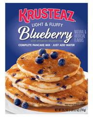 Krusteaz front packaging showing blueberry pancake mix for quick breakfasts