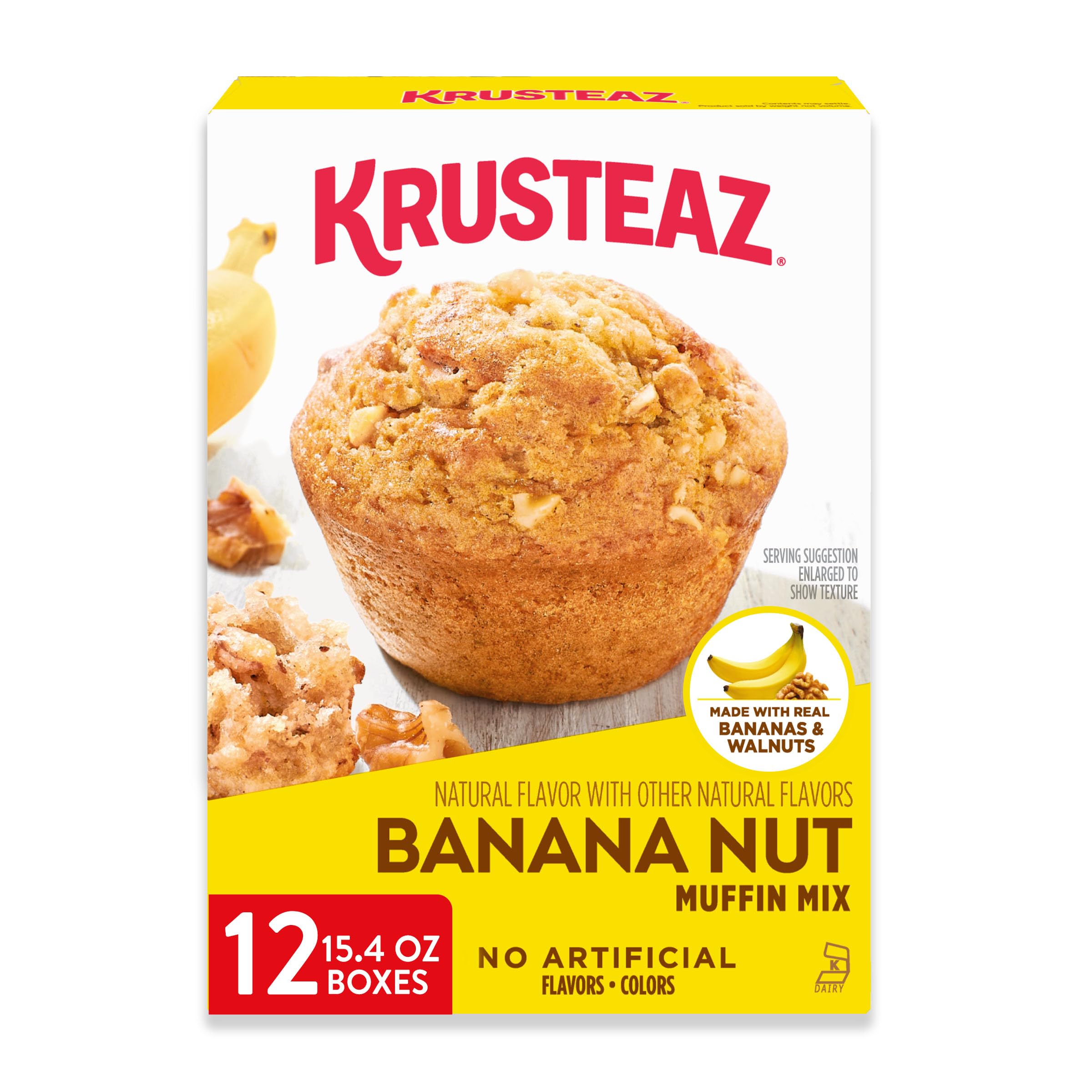 Krusteaz box front showing banana nut muffin mix and serving suggestion benefit: easy baking