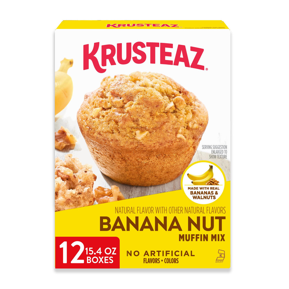 Krusteaz box front showing banana nut muffin mix and serving suggestion benefit: easy baking