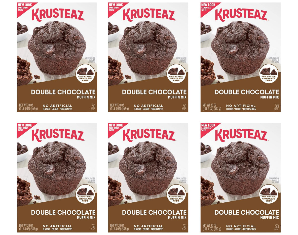 Krusteaz front packaging showing double chocolate mix and pack quantity, convenient pantry staple