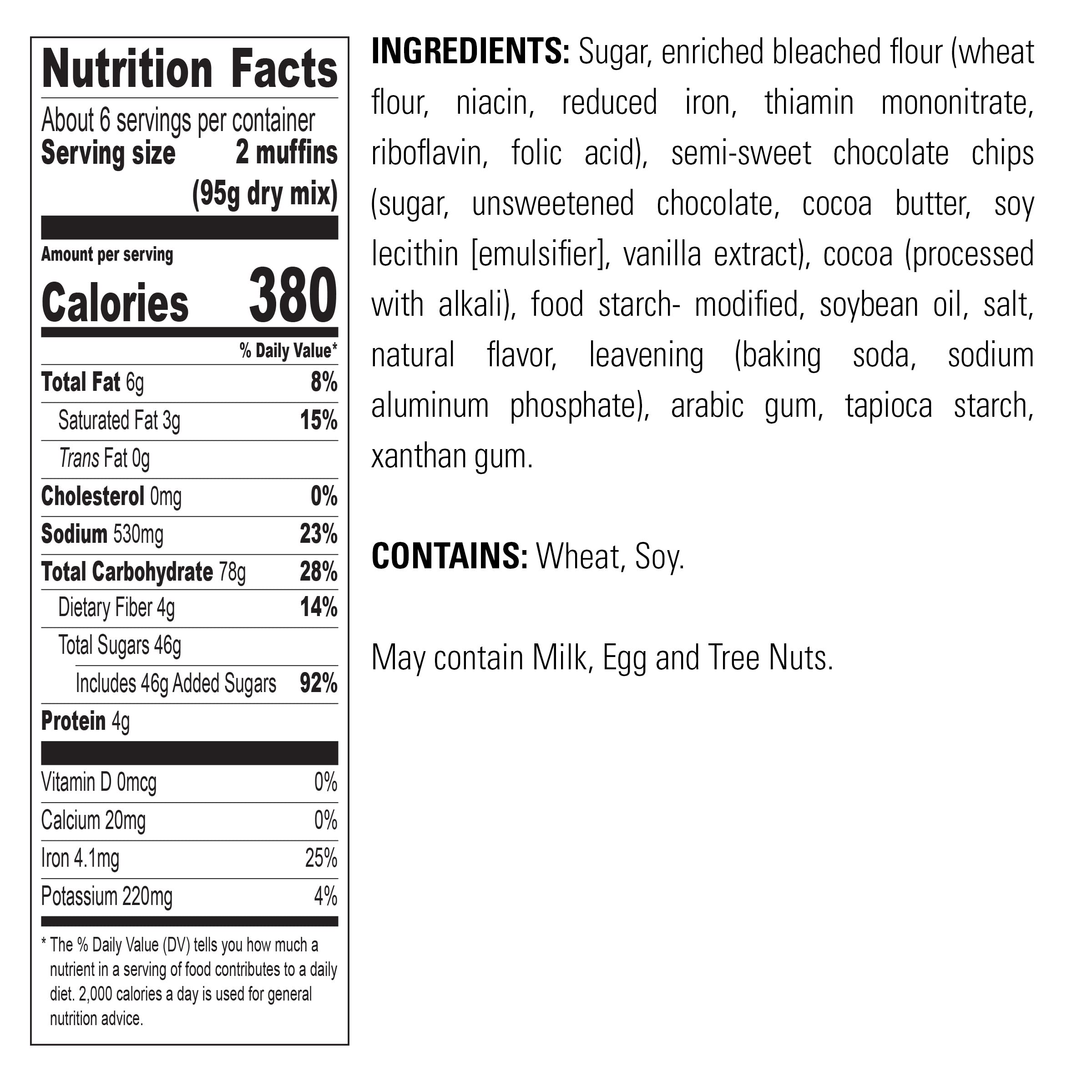 Hand holding a Krusteaz muffin for scale next to box, shows serving size and portion