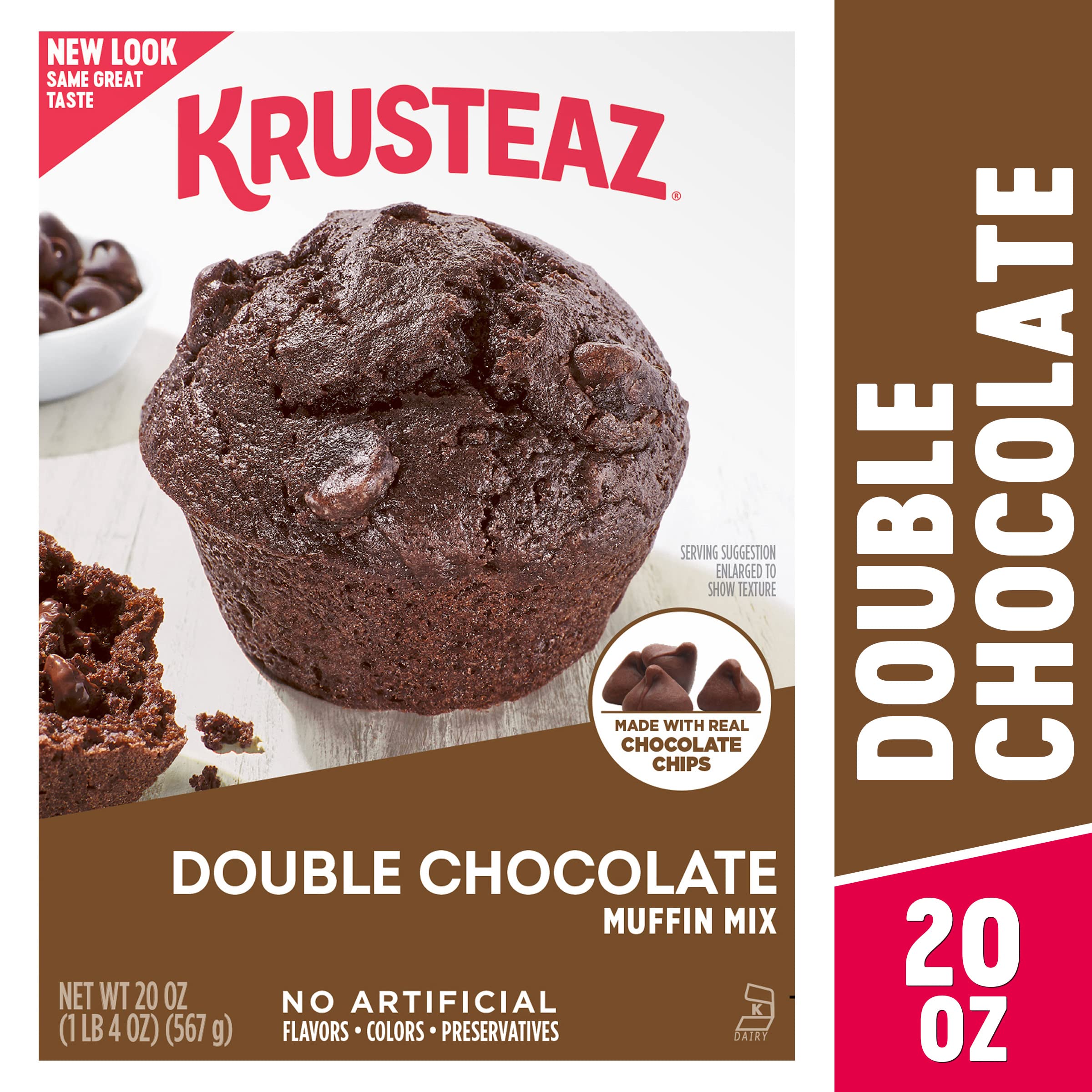 Open box close-up of Krusteaz mix texture ready to combine, easy-to-use baking base