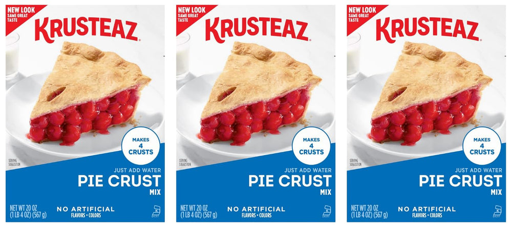 Krusteaz front packaging showing three 20oz boxes and easy baking convenience