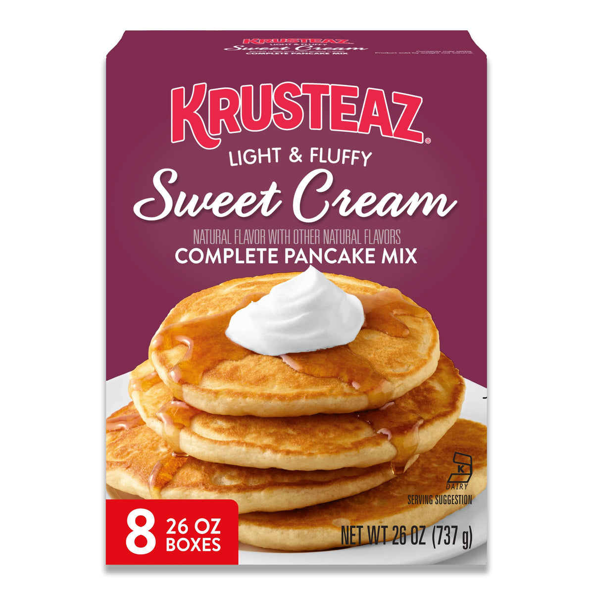 Krusteaz front packaging showing sweet cream mix and clear usage benefits