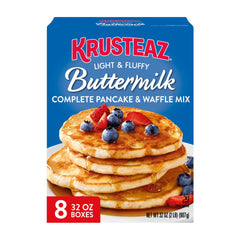 Krusteaz front packaging showing brand and buttermilk mix for easy breakfasts