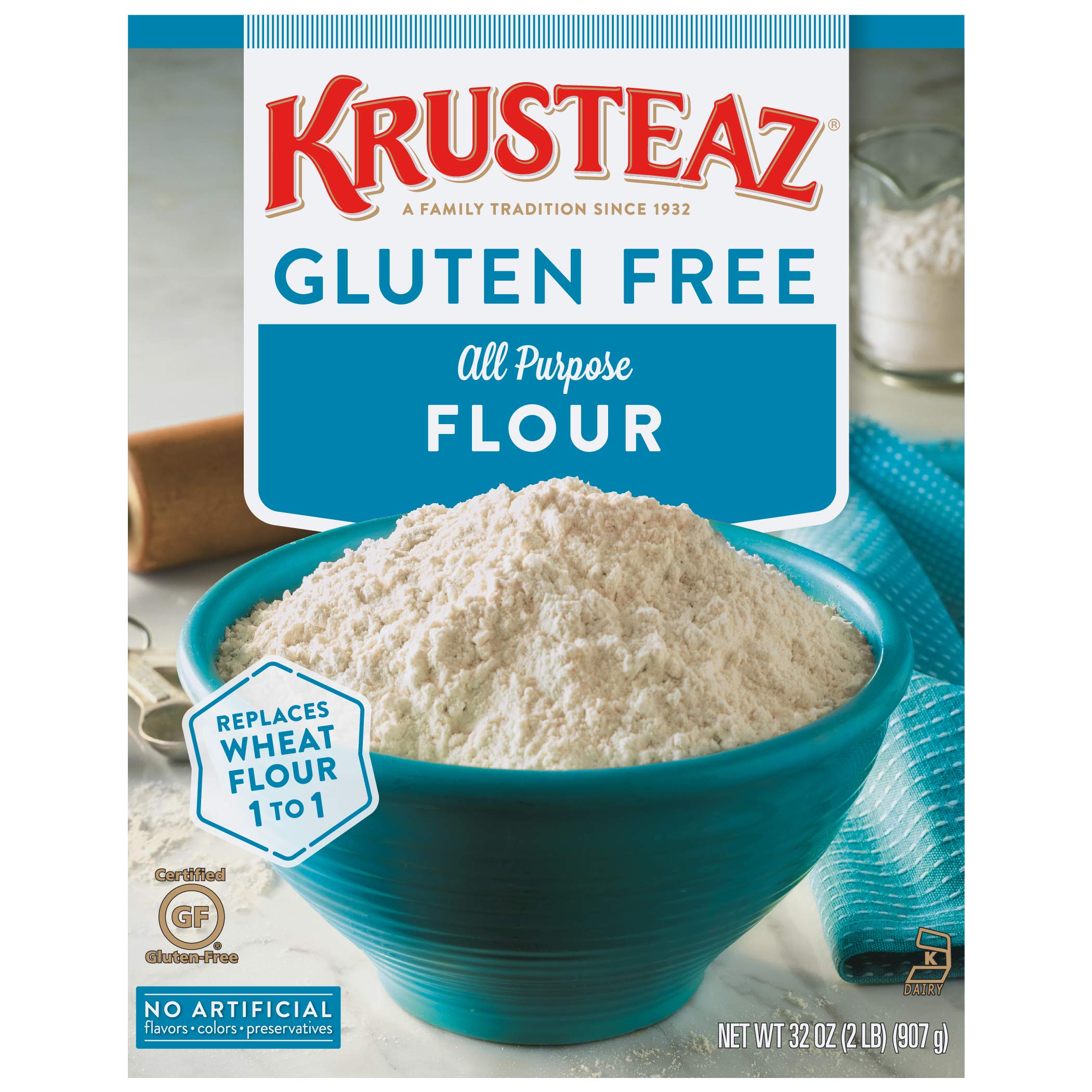 Krusteaz front packaging showing 32 oz bag and label, clear benefits