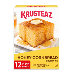 Krusteaz front packaging showing honey cornbread mix and clear label benefit