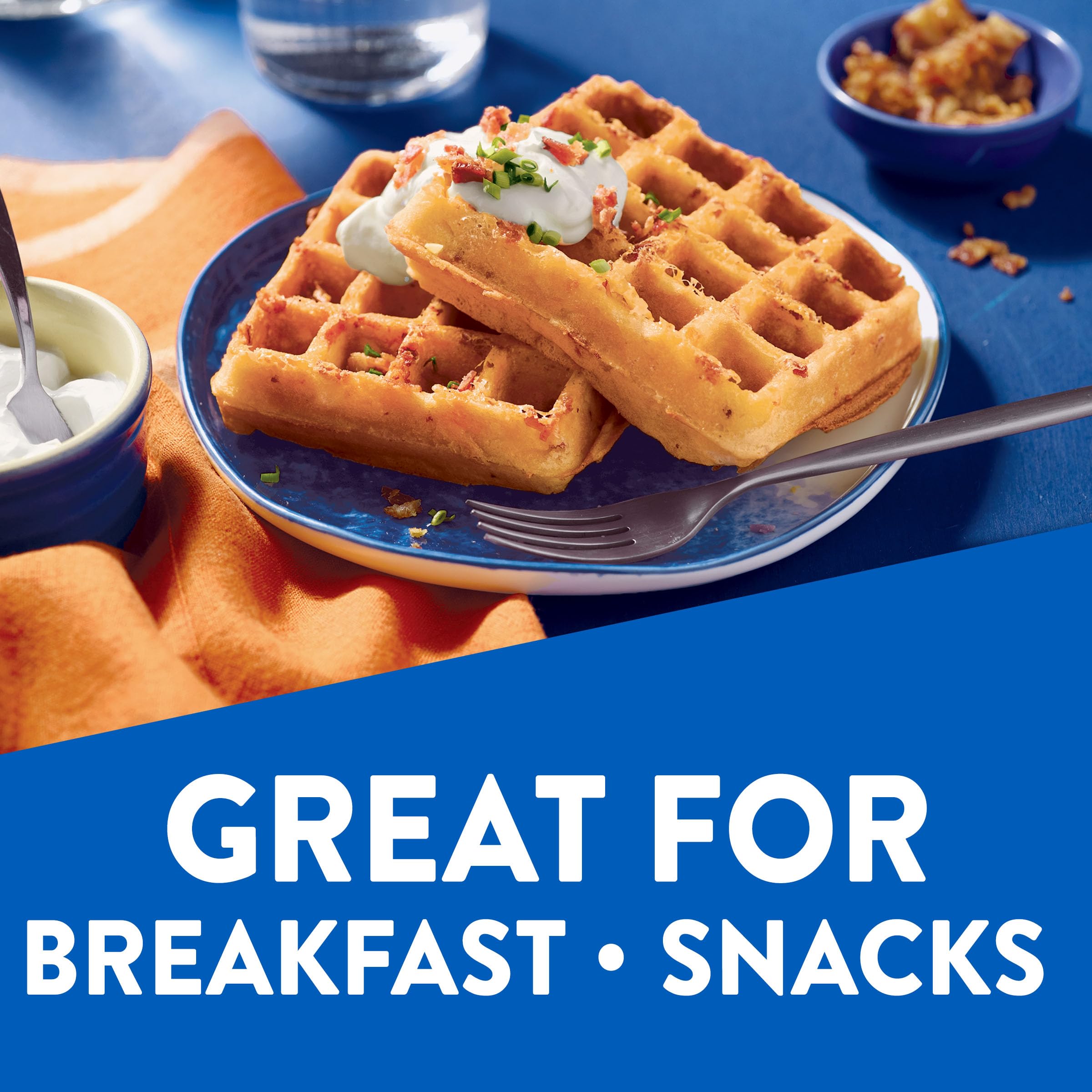 Pouring Krusteaz waffle batter onto iron for fast cooking convenience