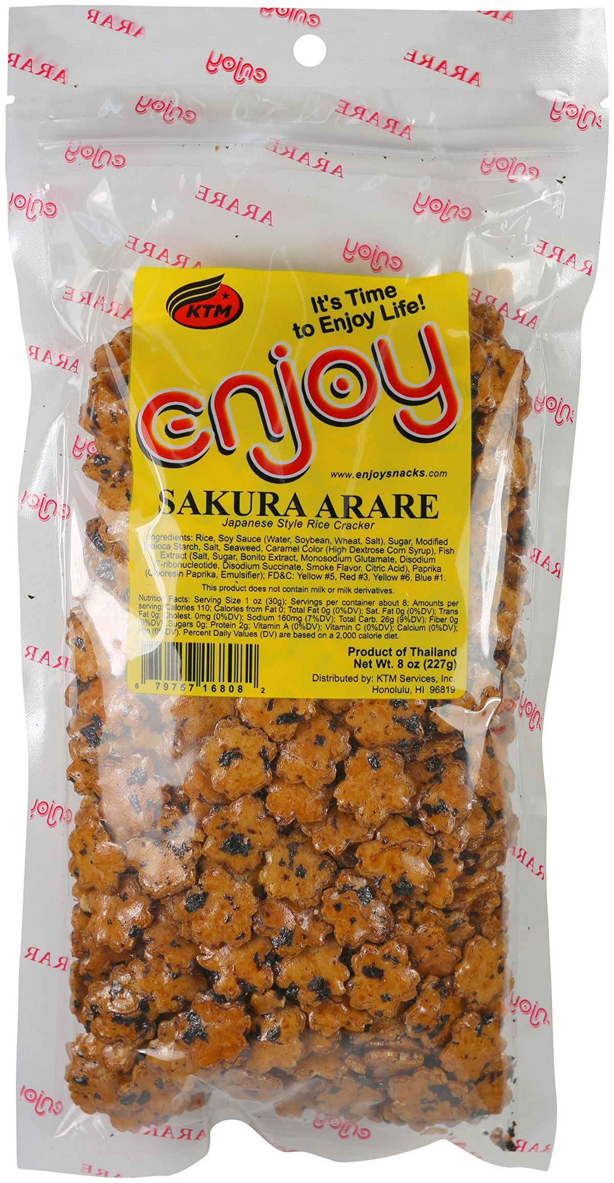 KTM Enjoy front packaging showing 8-ounce sakura arare pack and clear label benefits