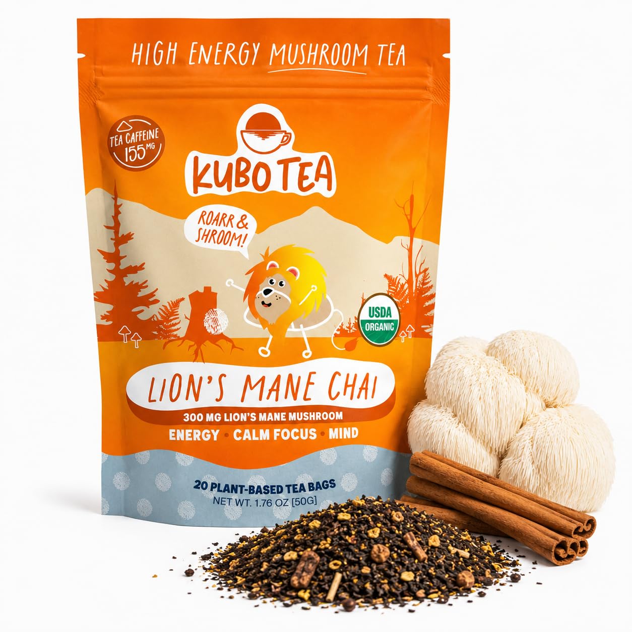 Kubo Lion's Mane chai front packaging showing organic 20-count box and clear benefit