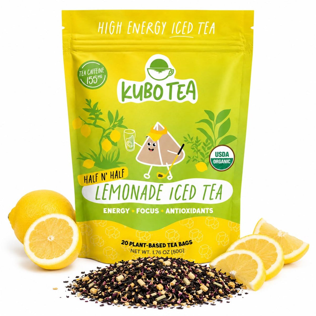 Kubo Tea front pack showing organic high-caffeine lemon tea and recyclable pouch benefiting eco-conscious buyers