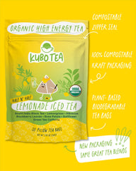 Kubo Tea pouring iced lemonade tea into glass showing vibrant color and refreshing energy boost