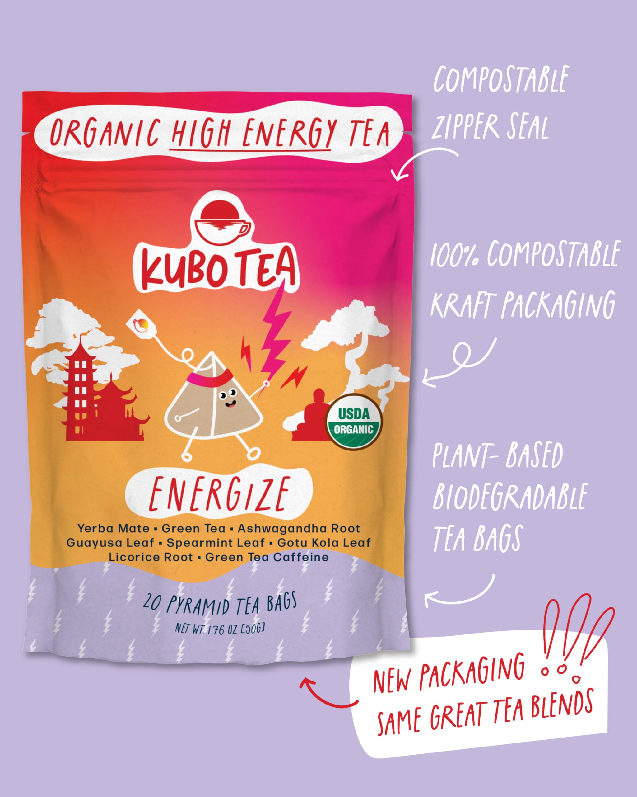 Kubo Tea box beside a smartphone for scale showing compact travel-friendly convenience