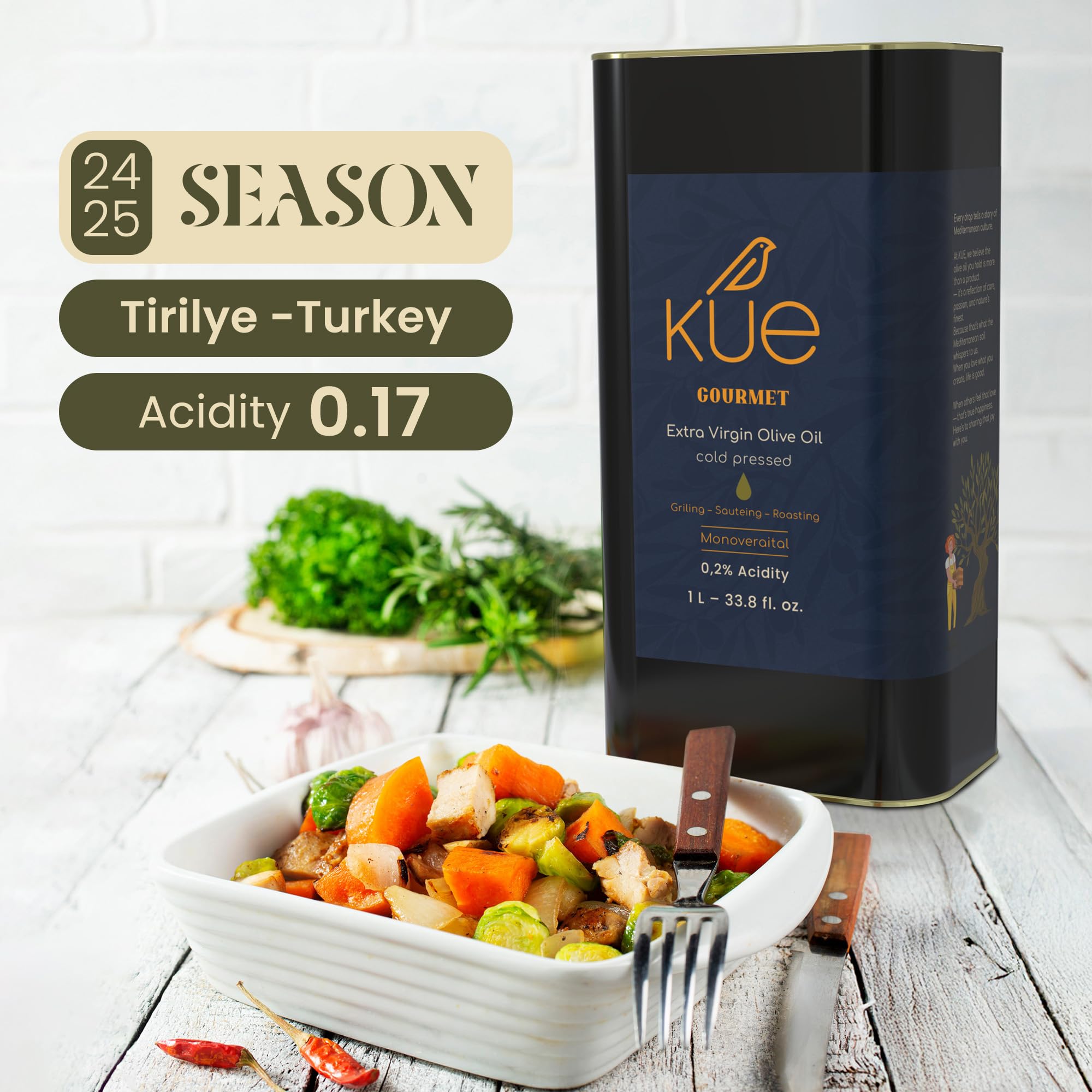Kue Olive Oil drizzle on salad emphasizing flavor boost and finishing benefit