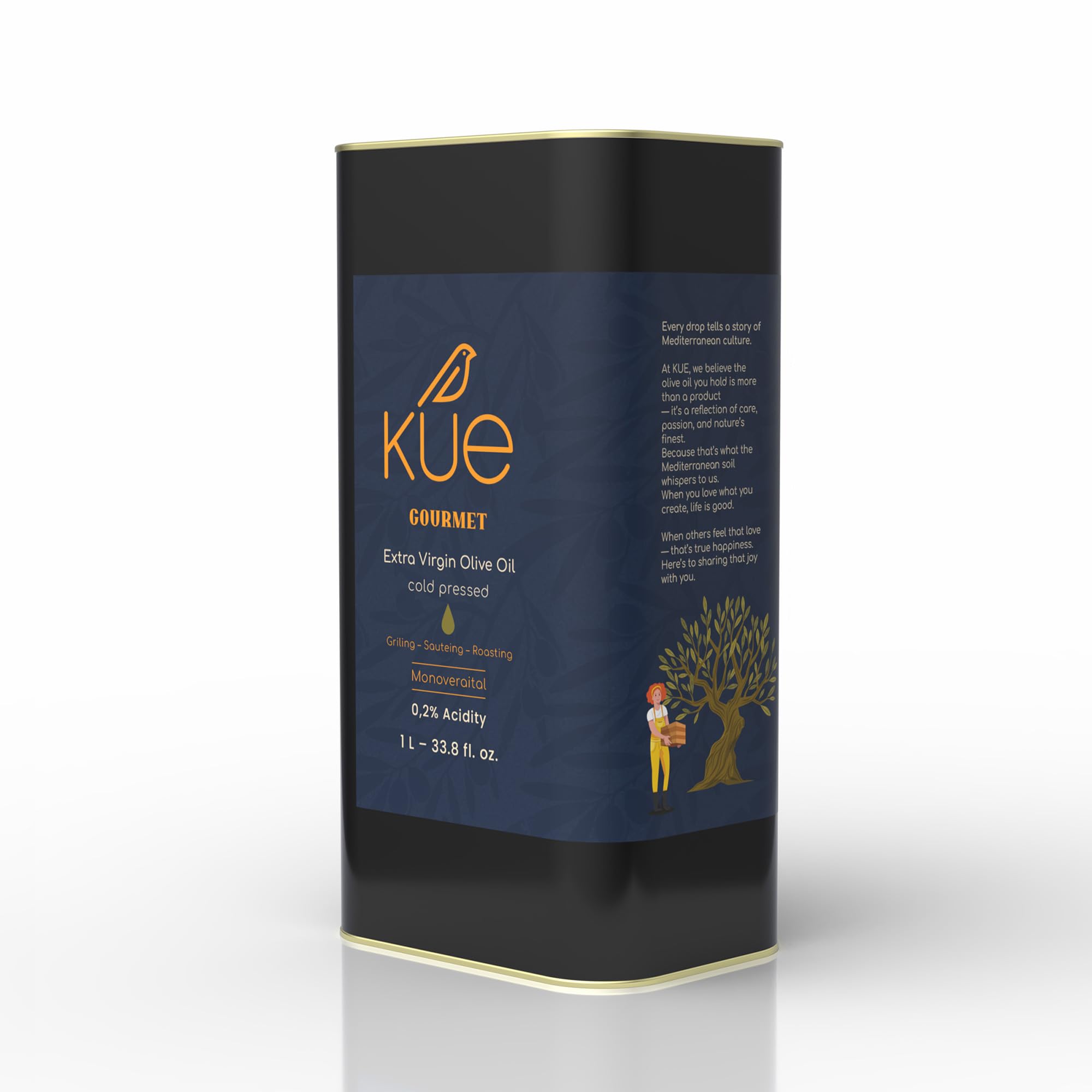 Kue Olive Oil front tin packaging showcasing brand and fresh Mediterranean appeal