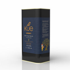 Kue Olive Oil front tin packaging showcasing brand and fresh Mediterranean appeal