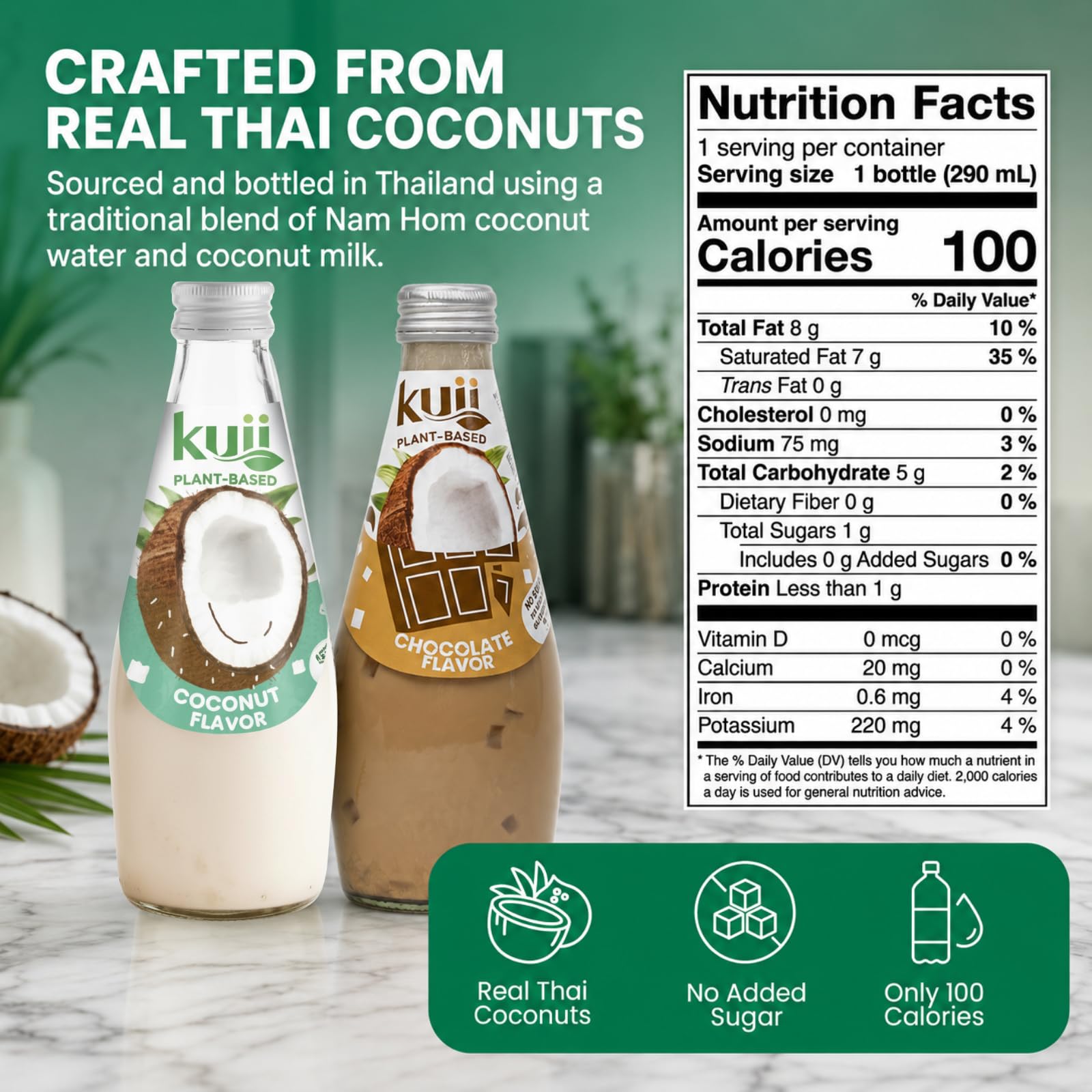 KUII chocolate bottle label detail showing cocoa-infused flavor and authentic sourcing benefit