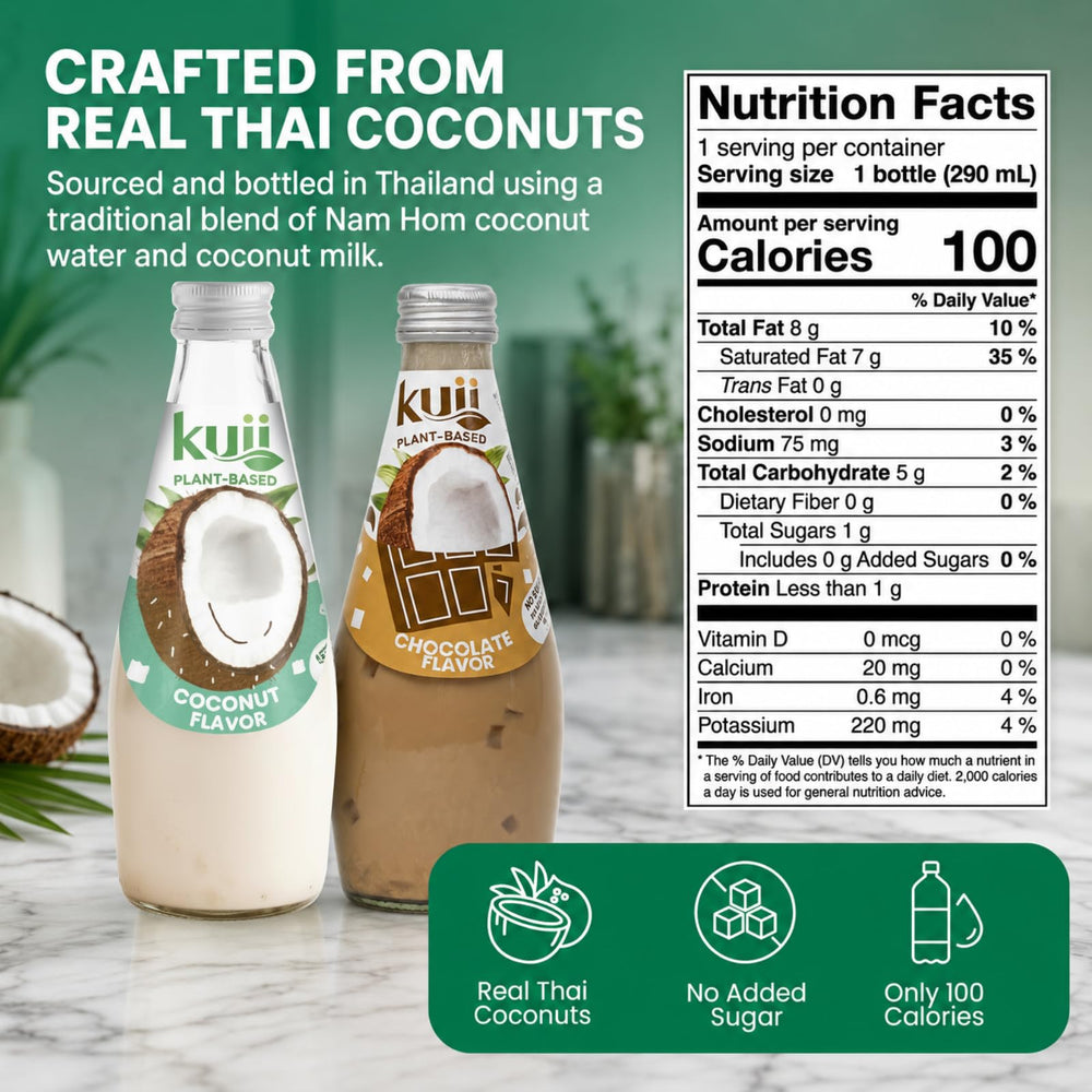 KUII chocolate bottle label detail showing cocoa-infused flavor and authentic sourcing benefit