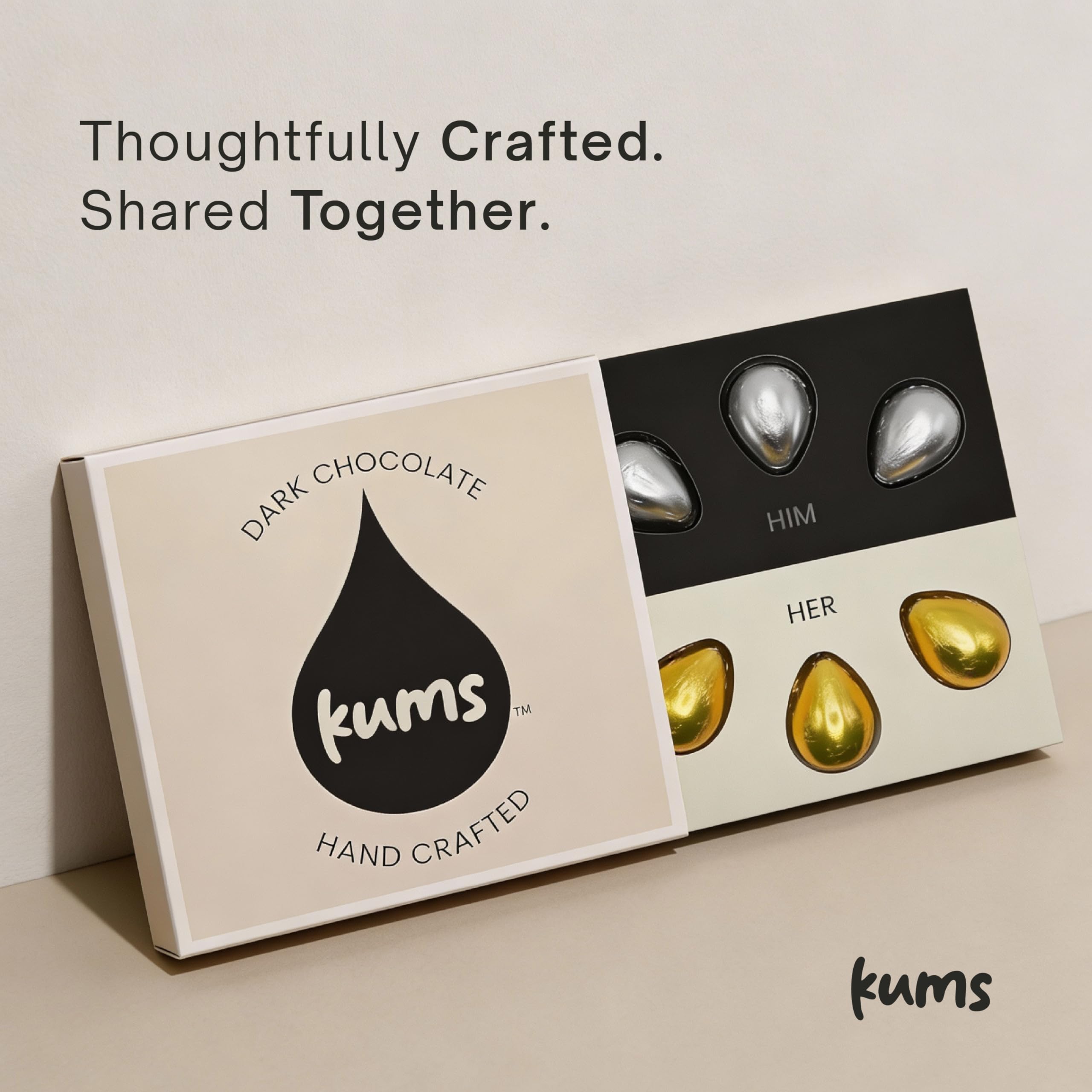 Kums single dark chocolate tab close-up revealing smooth finish and rich flavor