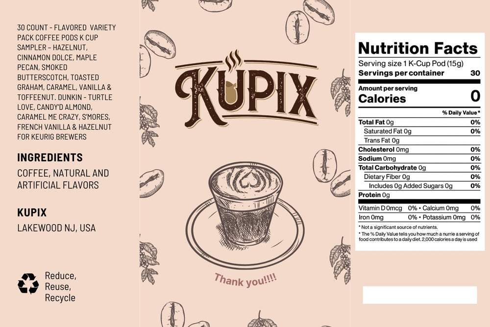KUPIX label close-up with flavor names, helps identify each profile