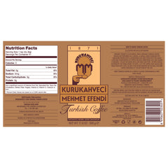 Kurukahveci Mehmet Efendi closeup of package label emphasizing tradition