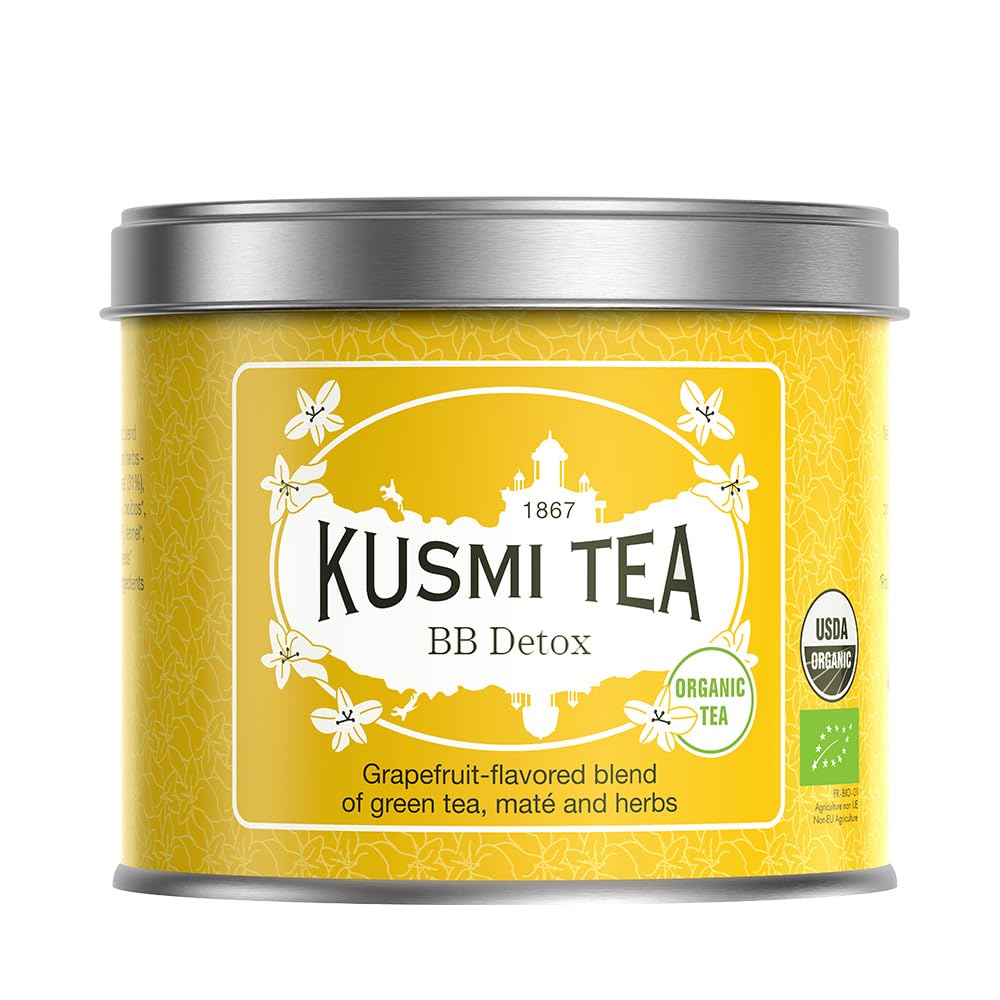 Kusmi Tea BB Detox tin front view showing organic label and vibrant design
