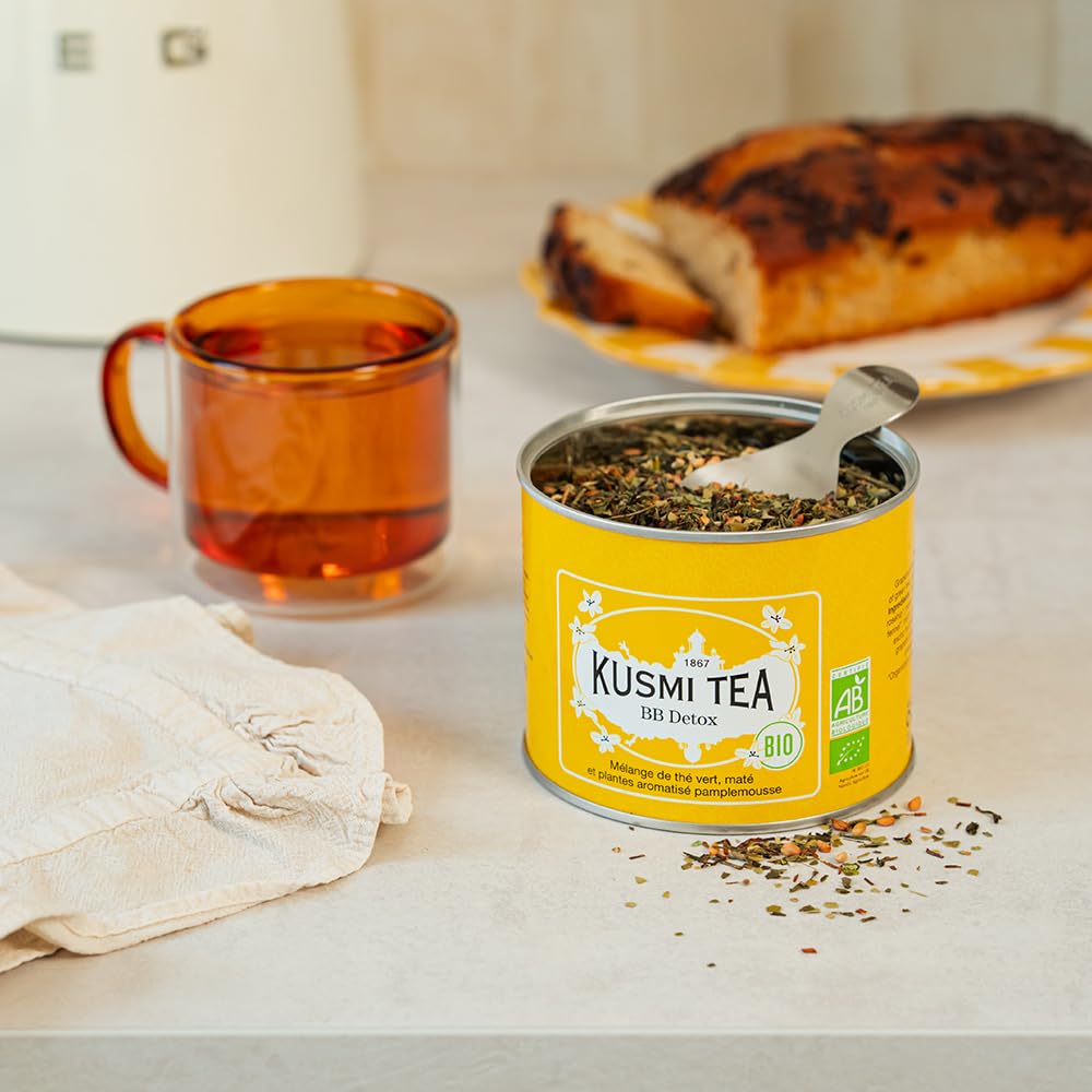 Open Kusmi Tea BB Detox tin revealing loose-leaf contents for freshness preservation