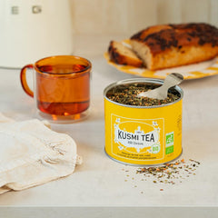 Open Kusmi Tea BB Detox tin revealing loose-leaf contents for freshness preservation
