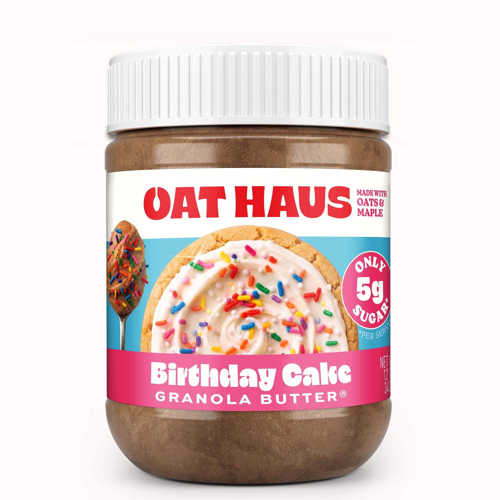 KWEEN jar front view showing Birthday Cake Granola Butter, clear label and appetite appeal