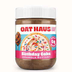 KWEEN jar front view showing Birthday Cake Granola Butter, clear label and appetite appeal
