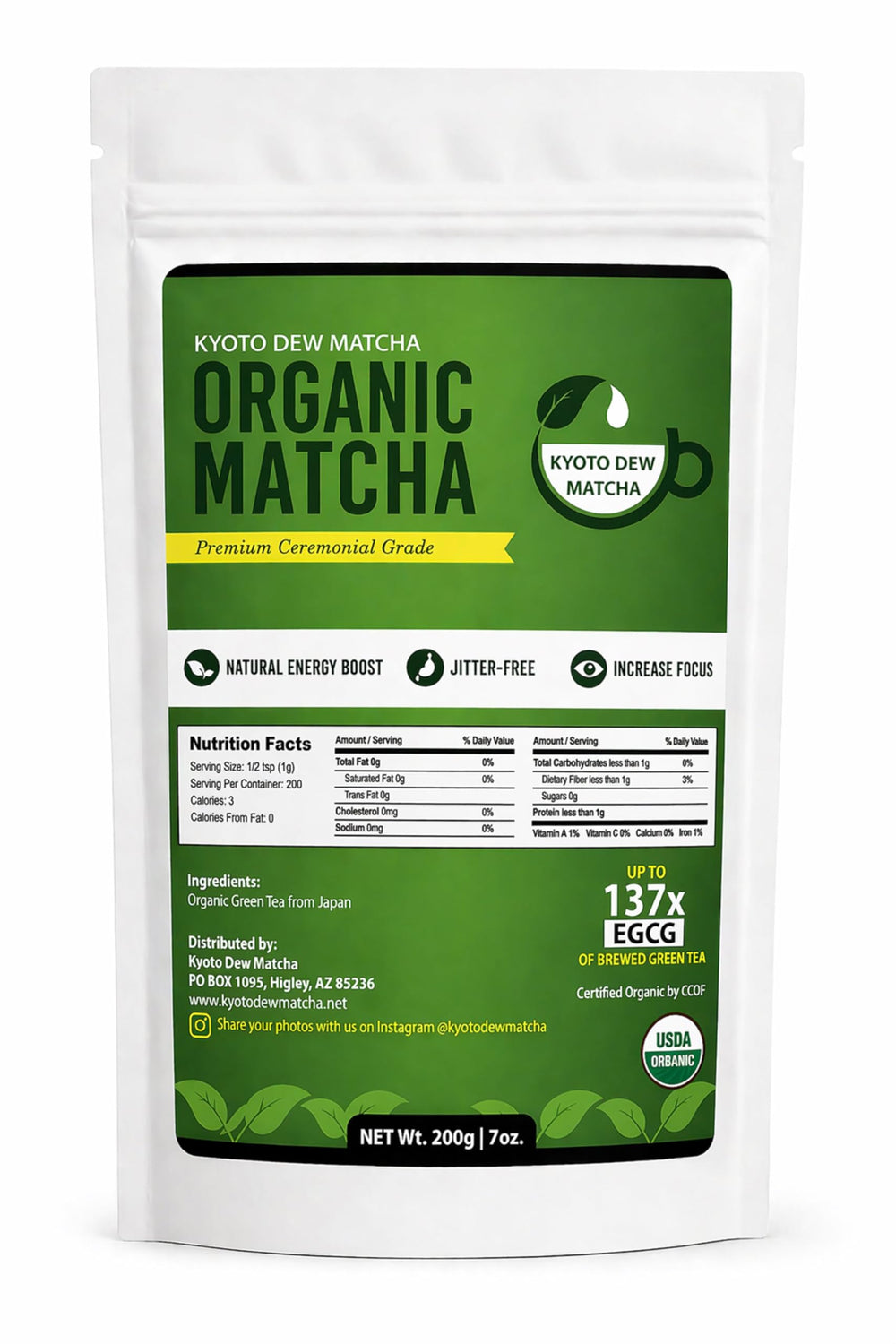 Kyoto Dew front packaging showing organic ceremonial matcha and benefits