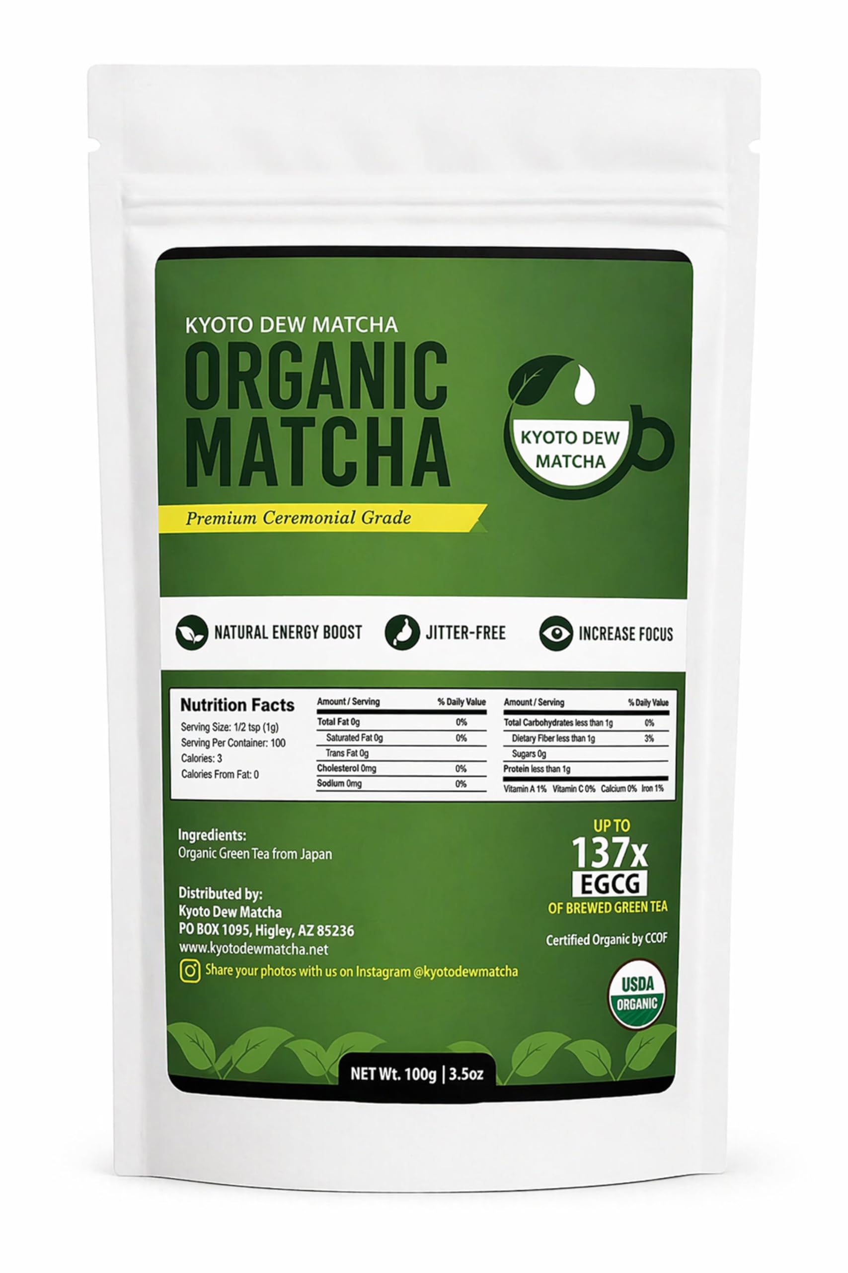 Kyoto Dew Matcha front packaging showing brand and 100g pouch, clear organic labeling