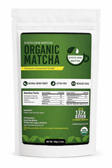 Kyoto Dew Matcha front packaging showing brand and 100g pouch, clear organic labeling