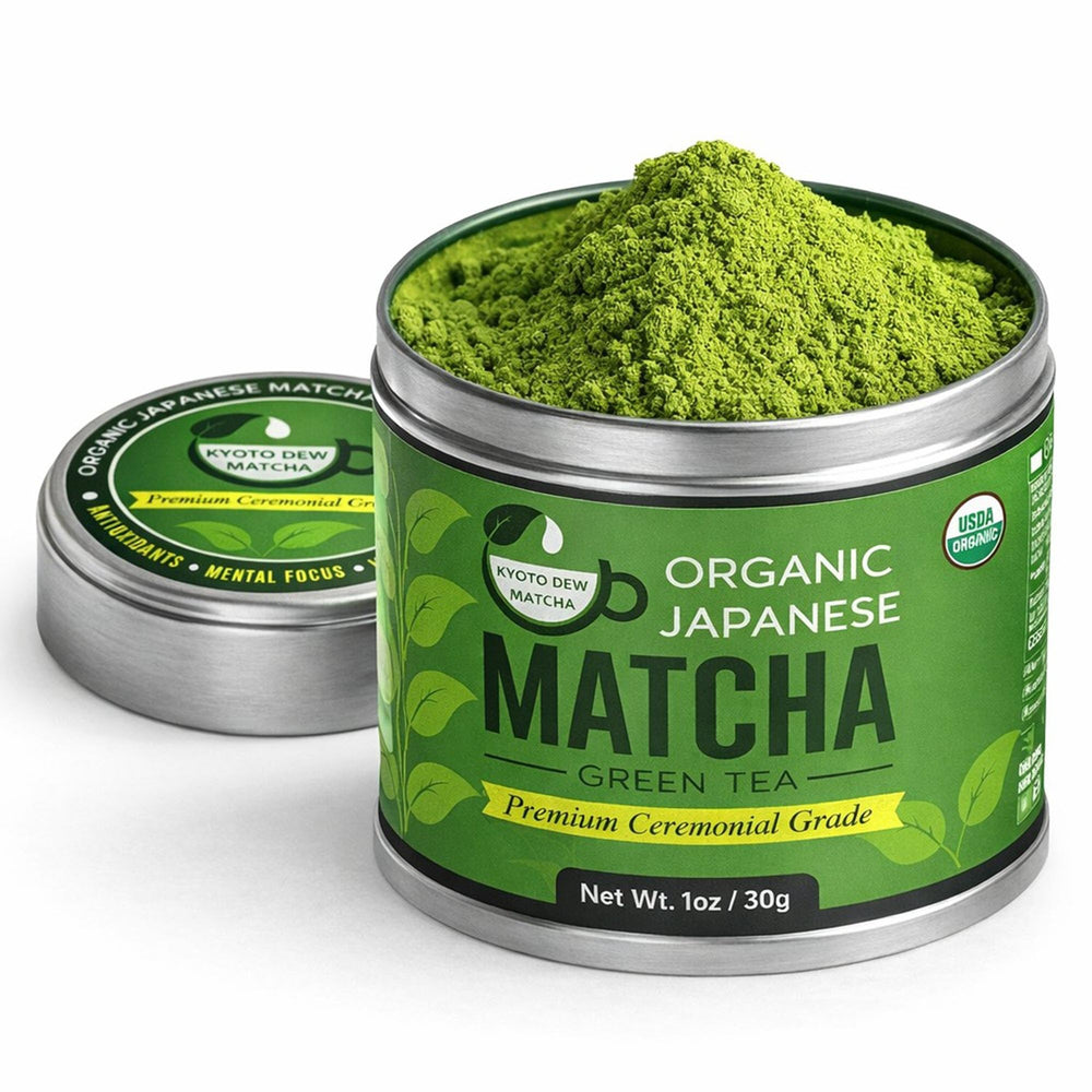 Kyoto Dew Matcha front tin showing packaging and vibrant green benefit