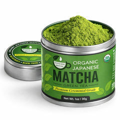 Kyoto Dew Matcha front tin showing packaging and vibrant green benefit