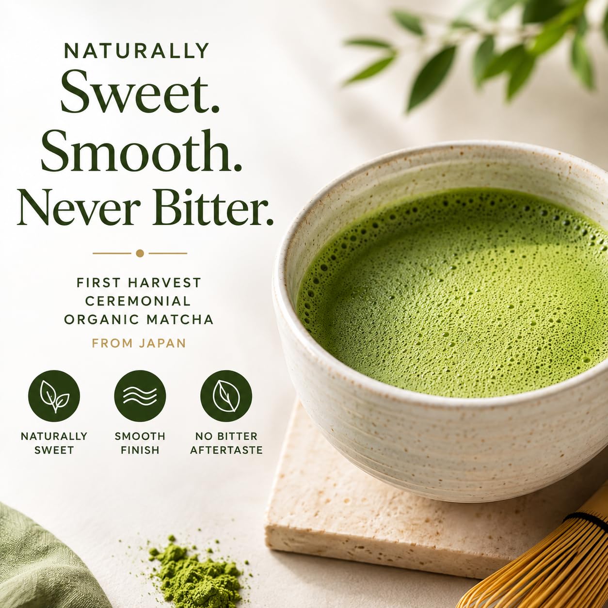 Kyoto Dew Matcha powder closeup showing fine texture and vibrant green color for smooth whisking