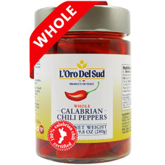 L'Oro Del Sud jar front view showing whole Calabrian peppers and rich oil, adds authentic flavor