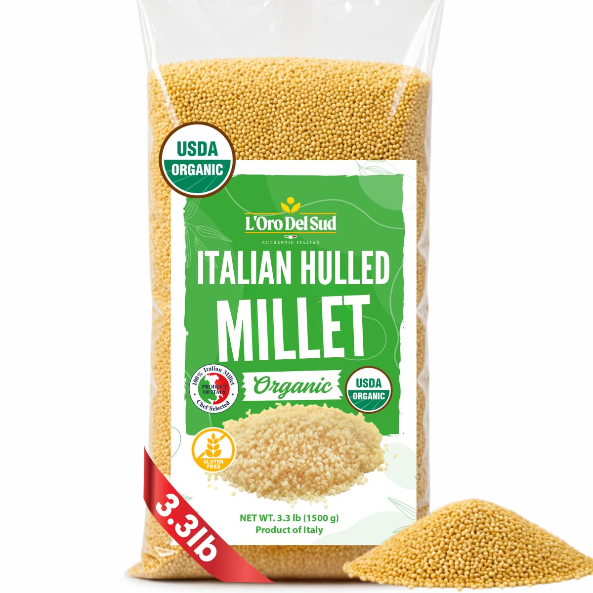 L'Oro Del Sud front packaging showing organic 1.5 kg bag and clear branding benefits