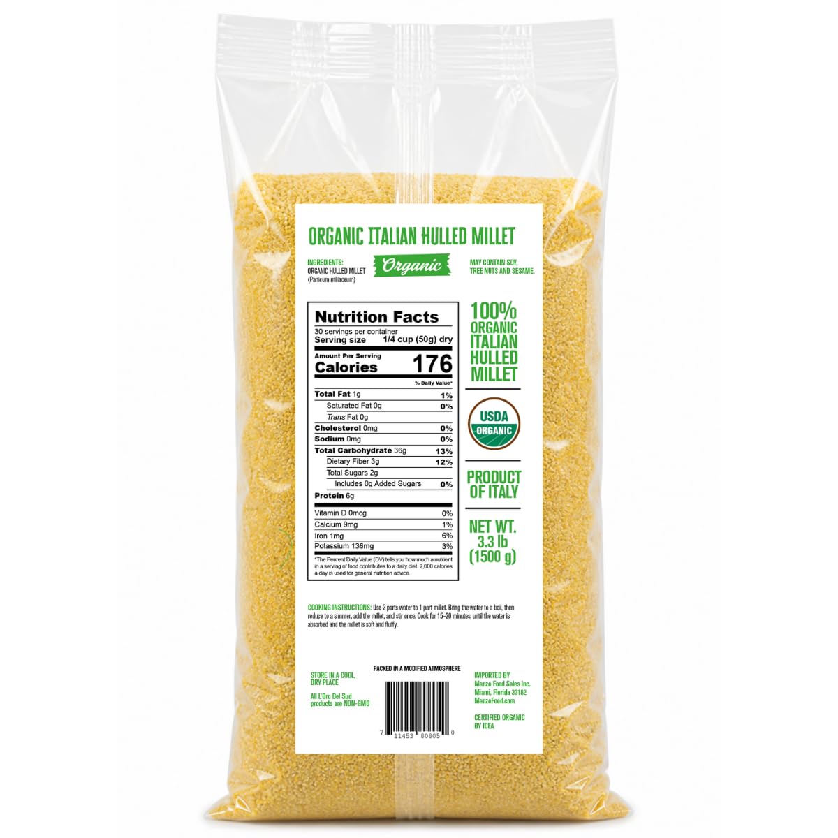 L'Oro Del Sud grain close-up revealing hulled millet texture and clean whole-grain quality