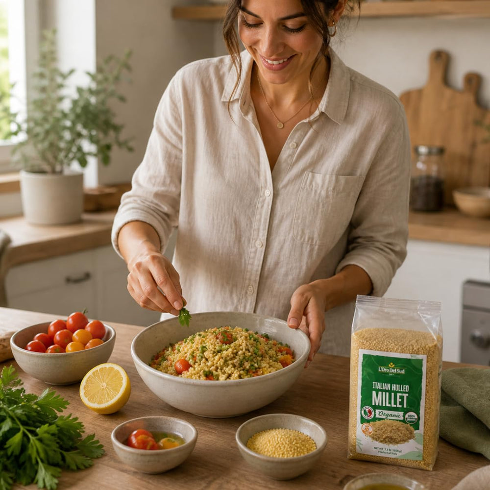 L'Oro Del Sud kitchen lifestyle serving millet in a salad showing versatile meal use