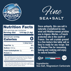 La Baleine side label close-up showing product details and clear packaging benefit