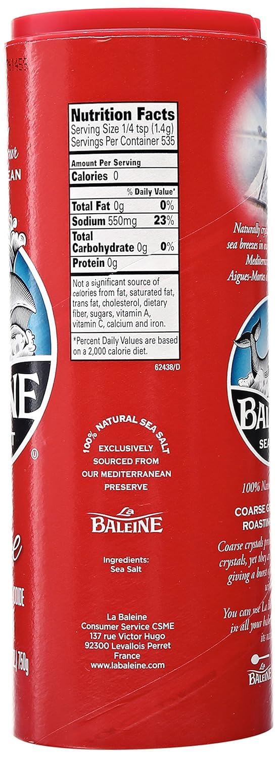 La Baleine canister next to kitchen scale showing 26.5 oz size and long-lasting value