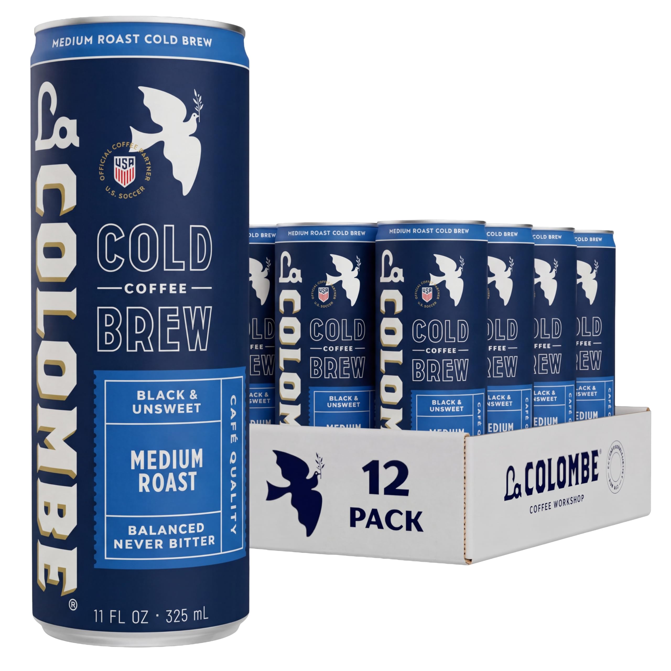 La Colombe can front view showing branding and unsweetened cold brew benefit