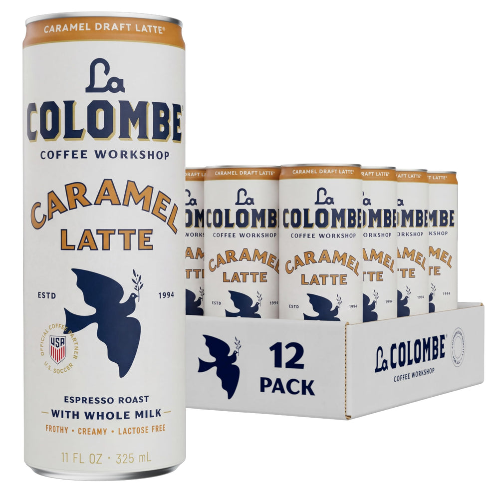 La Colombe front packaging showing caramel draft latte, creamy cafe-style convenience