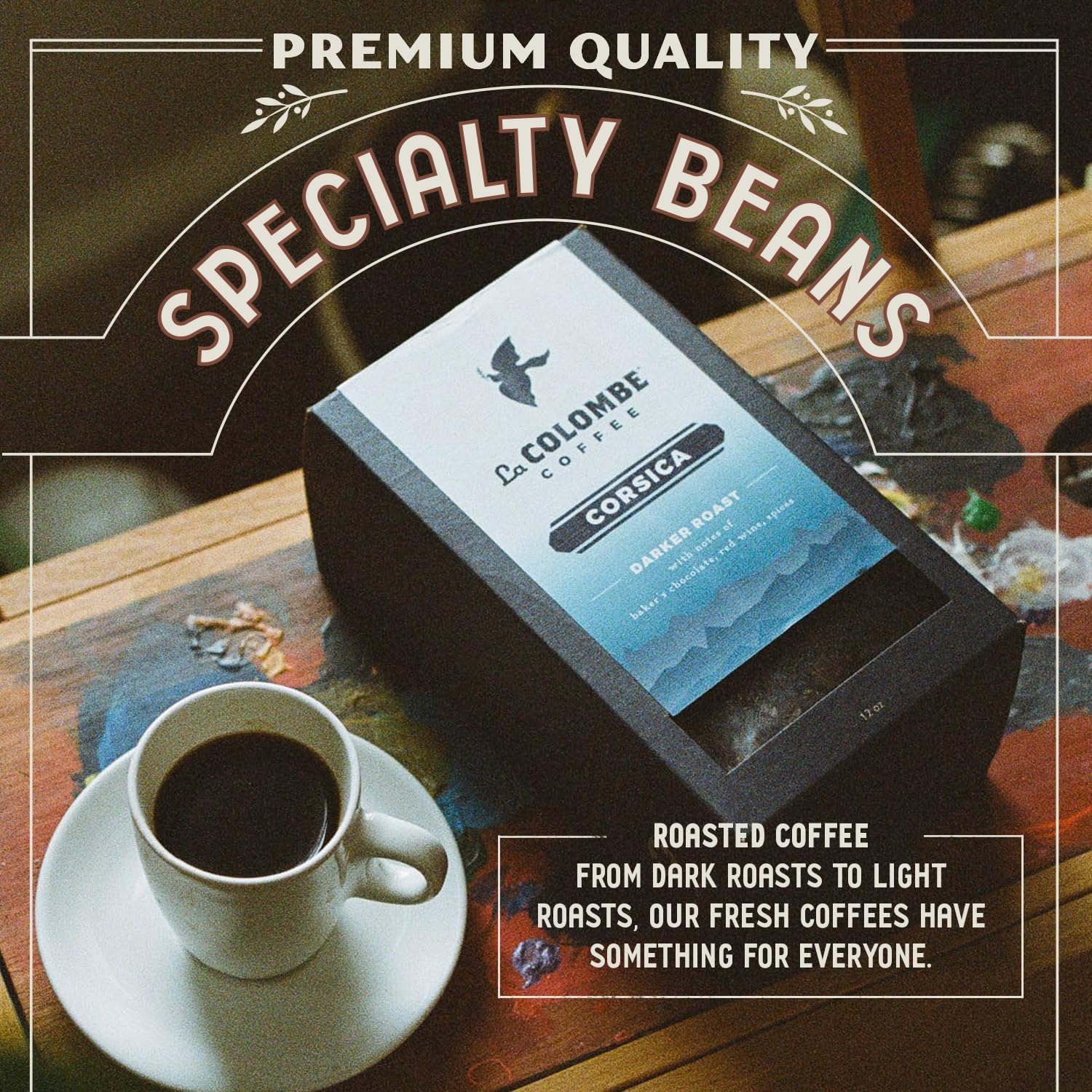 La Colombe 12 ounce bag next to a measuring cup illustrating package size and yield