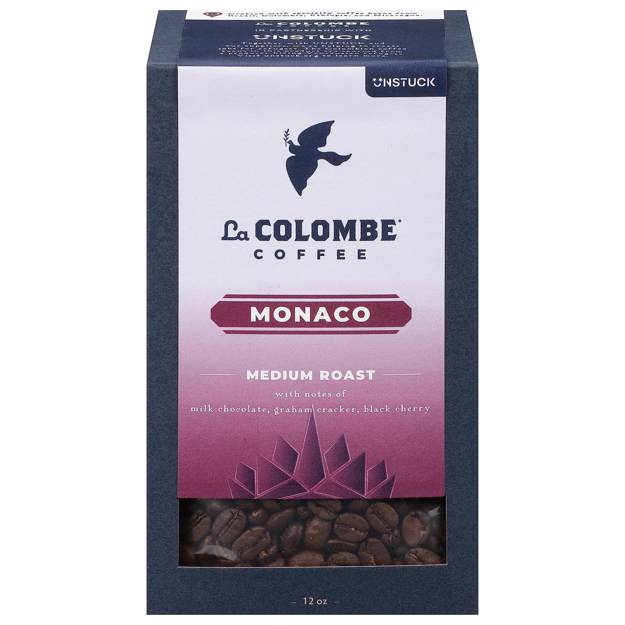 La Colombe Monaco front packaging showing 12-ounce whole bean bag and branding benefit
